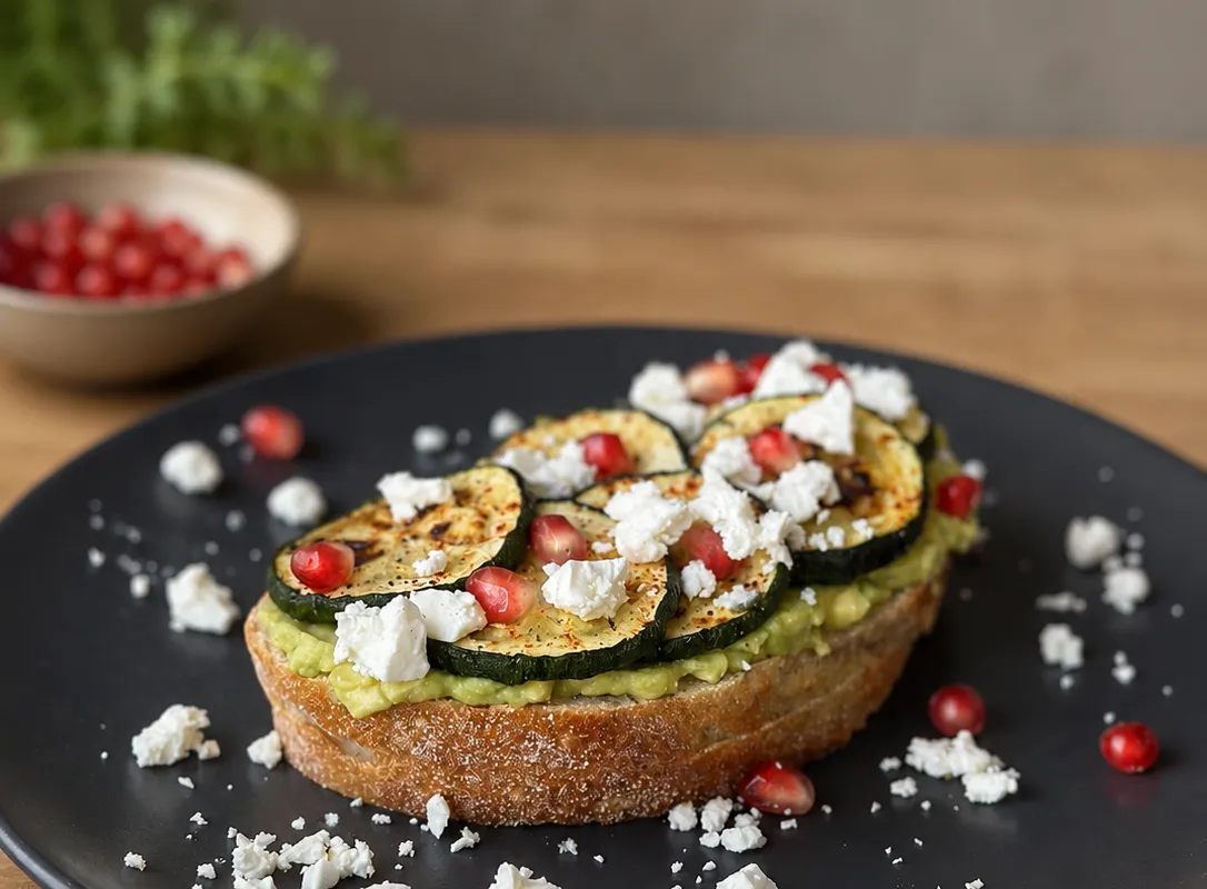 Avocadotoast met Gegrilde Courgette en Feta, toast met avocado, courgette en feta