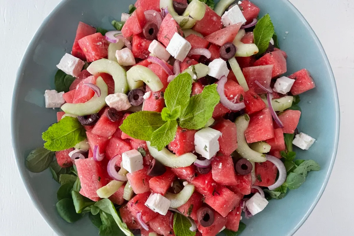 Watermeloensalade met Feta en Munt, salade van watermeloen, feta en munt