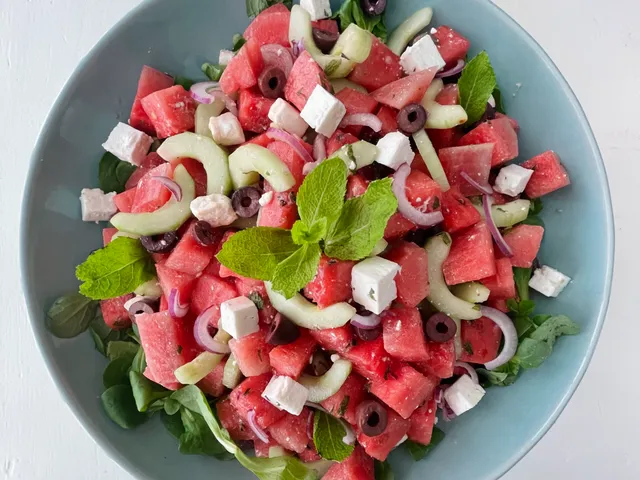 Watermeloensalade met Feta en Munt, salade van watermeloen, feta en munt